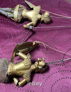 PAIR 2x Antique Vtg Knight Soldier Marionette Puppet Gold Armor Italian