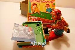 POOL Tin wind-up c1960 Lucky Monkey Playing Billiards Near Mint in Box by TPS NR