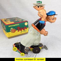 Popeye Roller Skater mechanical tin toy TPS Japan T. P. S. Linemar 1957 SEE MOVIE