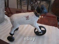 Primitive Toy Wood Cow On 3 Metal Wheels Marked 2a13 10 1/2 Long 9 1/2 Tall