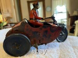 RARE 1920s MARX INDIAN MOTORCYCLE & SIDECAR TIN LITHO WIND-UP TOY READ