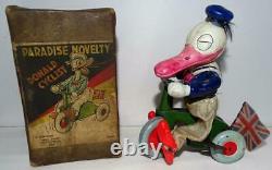 RARE BOXED ORIG. SETDISNEY 1930'sDONALD DUCK CYCLISTWIND-UP TOY-ENGLISH MARKET