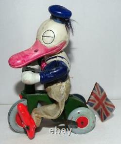 RARE BOXED ORIG. SETDISNEY 1930'sDONALD DUCK CYCLISTWIND-UP TOY-ENGLISH MARKET