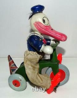 RARE BOXED ORIG. SETDISNEY 1930'sDONALD DUCK CYCLISTWIND-UP TOY-ENGLISH MARKET