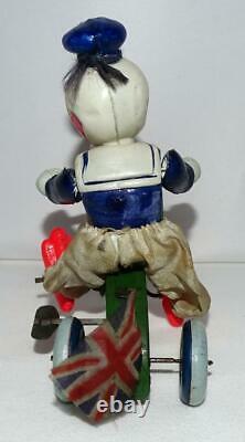 RARE BOXED ORIG. SETDISNEY 1930'sDONALD DUCK CYCLISTWIND-UP TOY-ENGLISH MARKET