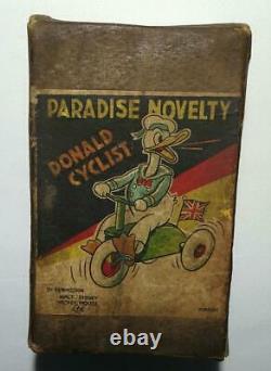 RARE BOXED ORIG. SETDISNEY 1930'sDONALD DUCK CYCLISTWIND-UP TOY-ENGLISH MARKET