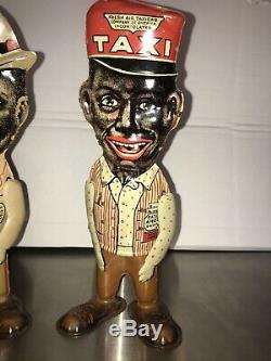 RARE PAIR 1930's Marx Toys Tin Wind-up Fresh Air Taxi Amos & Andy Walker Figures