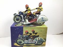 RARE TIPPCO Wind-Up Tin Toy Sidecar Motorcycle SILVER RACER +Quality Rep box