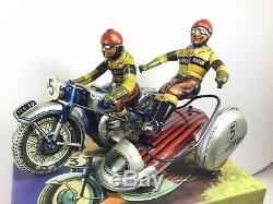 RARE TIPPCO Wind-Up Tin Toy Sidecar Motorcycle SILVER RACER +Quality Rep box