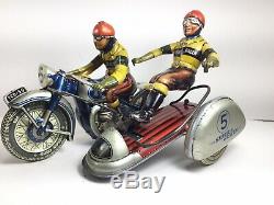 RARE TIPPCO Wind-Up Tin Toy Sidecar Motorcycle SILVER RACER +Quality Rep box