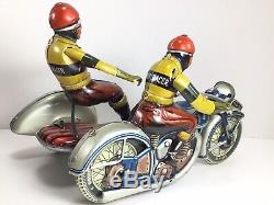 RARE TIPPCO Wind-Up Tin Toy Sidecar Motorcycle SILVER RACER +Quality Rep box