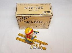 RARE VINTAGE 1940's CHEIN & CO TIN WIND UP SKI BOY TOY & BOX