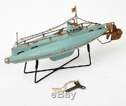 RARE! Vintage Bing 1920s Tin Submarine 10.5 Working Clockwork w Stand Germany