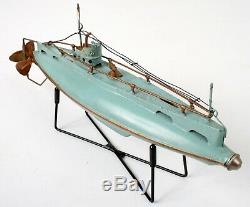 RARE! Vintage Bing 1920s Tin Submarine 10.5 Working Clockwork w Stand Germany