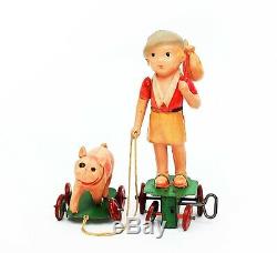 RARE Vintage Kuramochi Orphan Annie & Sandy Celluloid Japan Tin Wind-up Toy