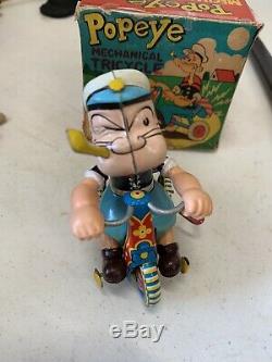 RARE Vintage Linemar Popeye Mechanical Tricycle withBell Wind-Up Toy In Orig Box