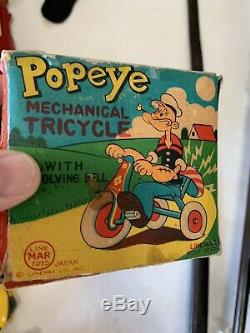 RARE Vintage Linemar Popeye Mechanical Tricycle withBell Wind-Up Toy In Orig Box