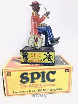 RARE Vintage Marx, SPIC The Coon Drummer Tin Windup Toy with Box