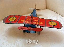 RARE Vintage Strauss Scout Flyer Plane Wind-Up Mechanical Toy No. 48 Antique