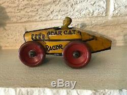 RARE Vintage Tin Litho Windup Bear Cat #8 Race Car Toy Boattail RAcer Bearcat