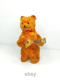 RARE Vintage wind-up USSR Plush Bear with balalaika Mechanical Toy Collectible