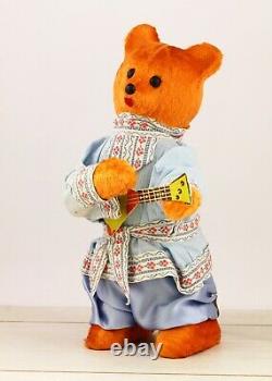 RARE Vintage wind-up USSR Plush Bear with balalaika mechanical toy