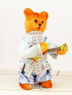 RARE Vintage wind-up USSR Plush Bear with balalaika mechanical toy