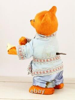 RARE Vintage wind-up USSR Plush Bear with balalaika mechanical toy