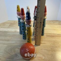 RARE Vtg Antique Wooden Clown Skittles Bowling Set HTF 7 Colorful Pins Toy