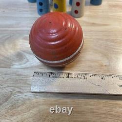 RARE Vtg Antique Wooden Clown Skittles Bowling Set HTF 7 Colorful Pins Toy