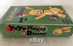 RARE Wind-up tin litho toy mechanical YOYO PLAYING BUNNY+Box Japan frankonia Vtg