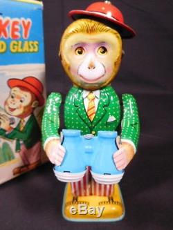 RARE orignal vintage tin toy wind up mechanical MONKEY with FIELD GLASSES NMIB