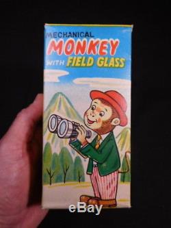 RARE orignal vintage tin toy wind up mechanical MONKEY with FIELD GLASSES NMIB