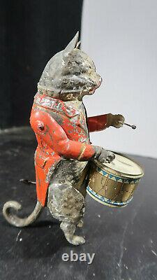 R GUNTHERMANN Tin Clockwork CAT DRUMMER Windup Toy GERMAN IN RARE RED COAT