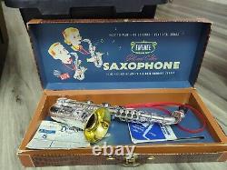 RareVintage Plastic Emenee Gold & Silver Saxophone Musical Instrument Toy In Box