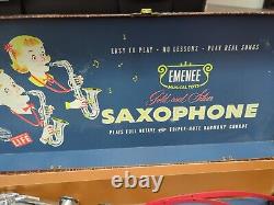 RareVintage Plastic Emenee Gold & Silver Saxophone Musical Instrument Toy In Box