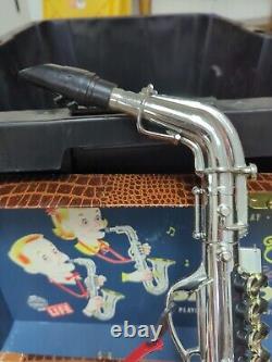 RareVintage Plastic Emenee Gold & Silver Saxophone Musical Instrument Toy In Box