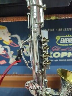 RareVintage Plastic Emenee Gold & Silver Saxophone Musical Instrument Toy In Box