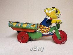Rare 1930's Vintage J. Chein & Co. Easter Rabbit Wind Up Tricycle Tin Bunny Toy