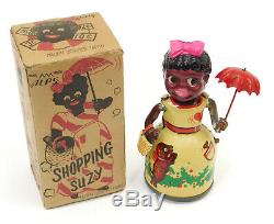 Rare Alps Occupied Japan Shopping Suzy Black Tin & Celluloid Wind Up Toy In Box