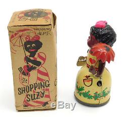 Rare Alps Occupied Japan Shopping Suzy Black Tin & Celluloid Wind Up Toy In Box