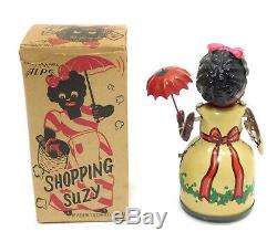 Rare Alps Occupied Japan Shopping Suzy Black Tin & Celluloid Wind Up Toy In Box