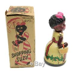 Rare Alps Occupied Japan Shopping Suzy Black Tin & Celluloid Wind Up Toy In Box