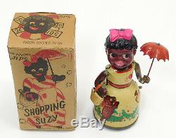 Rare Alps Occupied Japan Shopping Suzy Black Tin & Celluloid Wind Up Toy In Box
