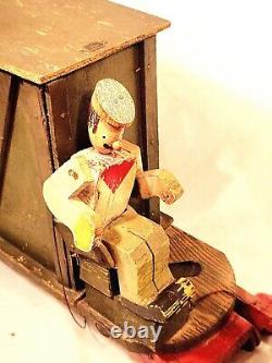 Rare Antique France French Mechanical Wood Wooden Toy Wagon & Driver Tagged