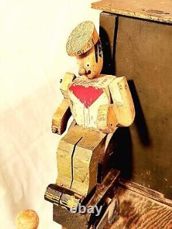 Rare Antique France French Mechanical Wood Wooden Toy Wagon & Driver Tagged