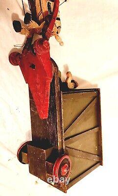Rare Antique France French Mechanical Wood Wooden Toy Wagon & Driver Tagged