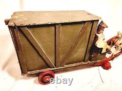 Rare Antique France French Mechanical Wood Wooden Toy Wagon & Driver Tagged