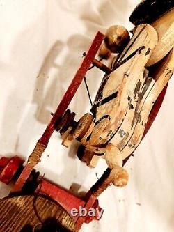 Rare Antique France French Mechanical Wood Wooden Toy Wagon & Driver Tagged
