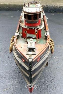 Rare C. 1900 Huge Intricate Folk Art Wind Up Wooden Tug Boat The Peter Cahill